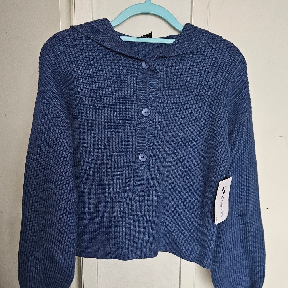 Cozy Casual Navy Button-Up Hooded Cardigan